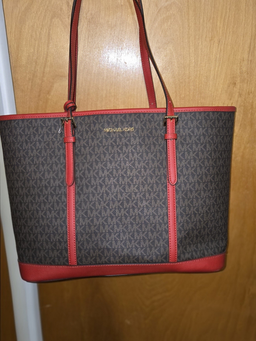Michael Kors Jet Set Travel Brown Signature Tote with Red Trim